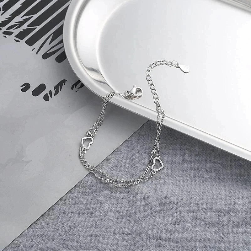 925 Silver Double Layers Beaded Hearts & Charm Adjustable Bracelet
