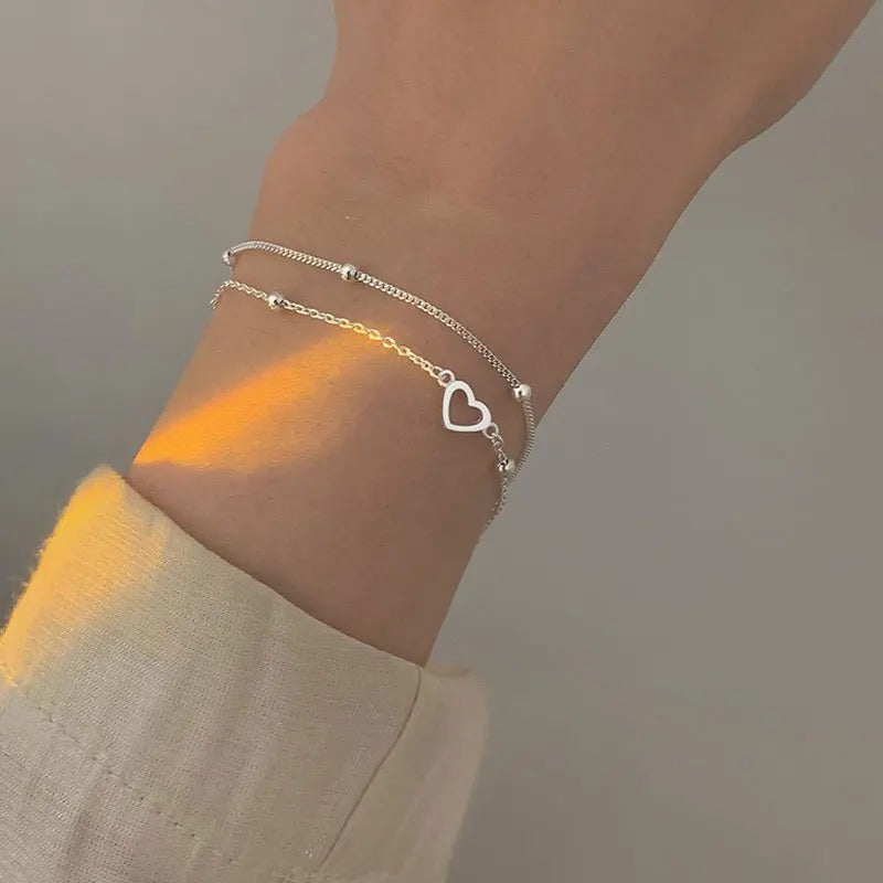 925 Silver Double Layers Beaded Hearts & Charm Adjustable Bracelet