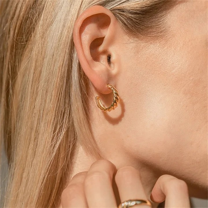 Gold Croissant Twisted Huggie Hoop Earrings