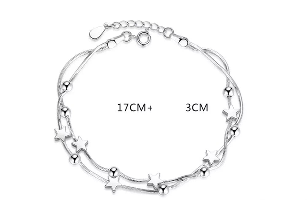 925 Sterling Silver Tiny Twinkle Stars Charm Beaded Star Bracelet Link Bracelet Adjustable Length