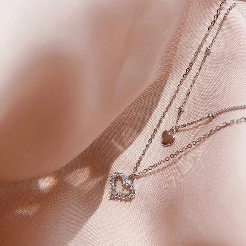 925 Sterling Silver Double Layer Love Heart Necklace