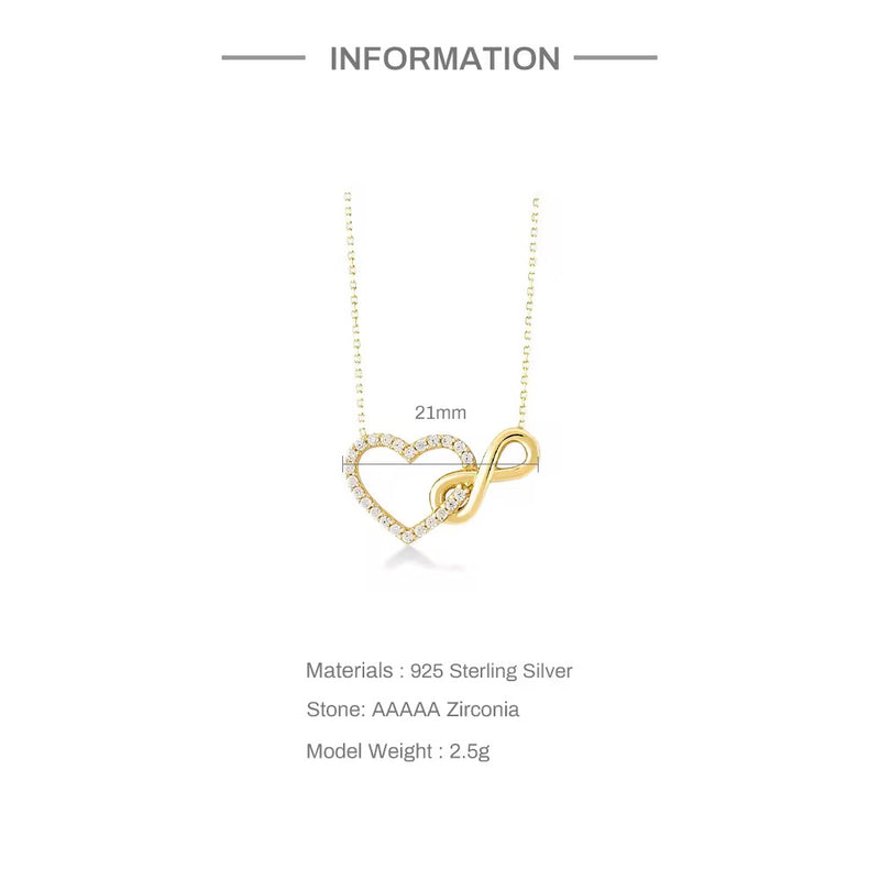 925 Sterling Silver Gold Women’s Infinity Love Heart Zircon Chain Clavicle Gift Necklace