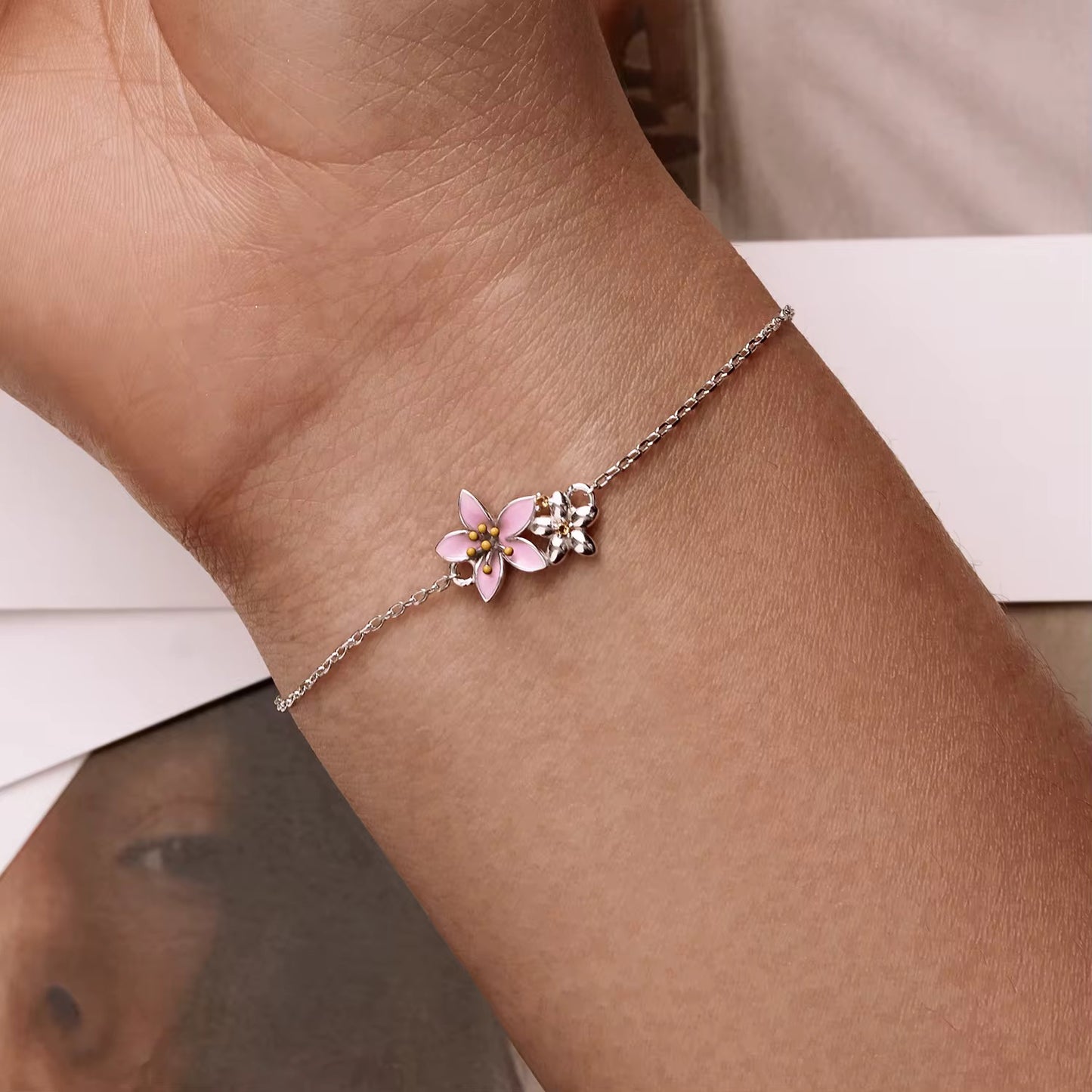 925 Sterling Silver Pink Sakura Cherry Blossom Flower Bracelet