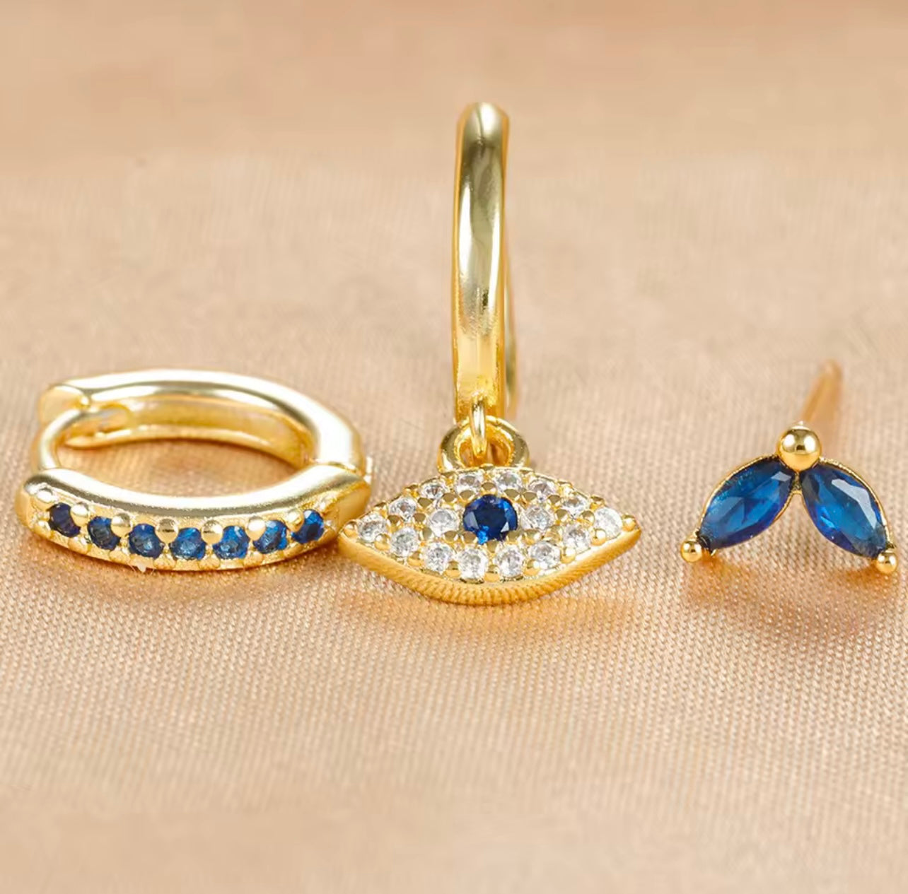 3pcs Stainless Steel Blue Zircon Evil Eye Hoop Earrings Set 18K Gold Plated Cartilage Earrings