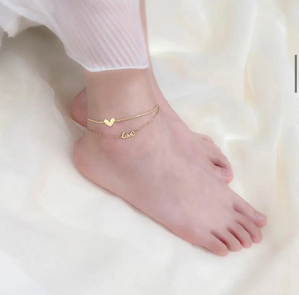 Gold Double Layer Love Heart Anklet