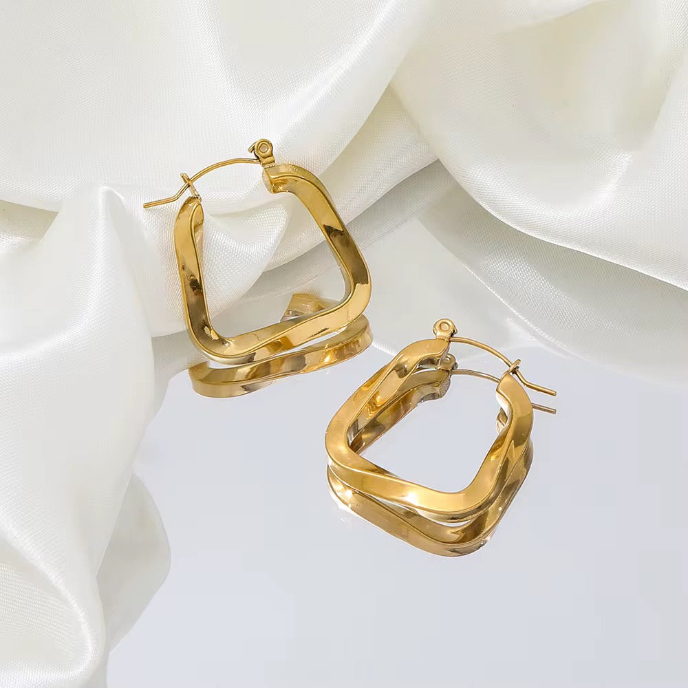 Bold Twisted Square Gold Hoop Modern Statement Jewellery Earrings