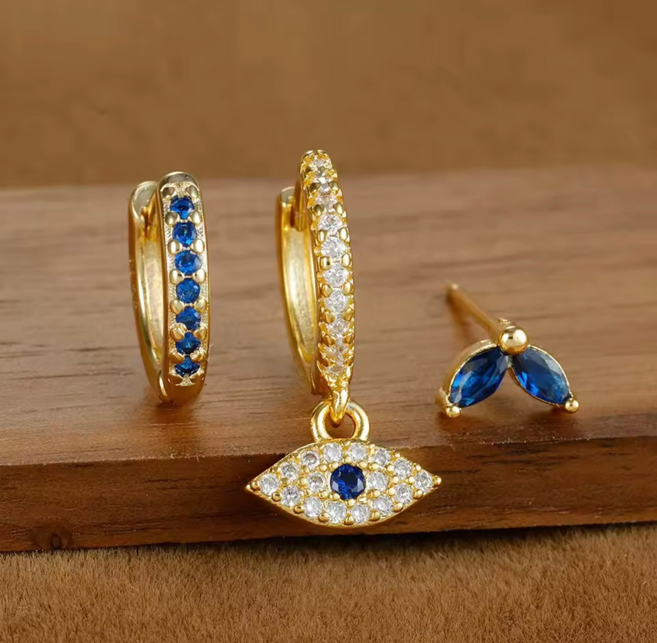 3pcs Stainless Steel Blue Zircon Evil Eye Hoop Earrings Set 18K Gold Plated Cartilage Earrings