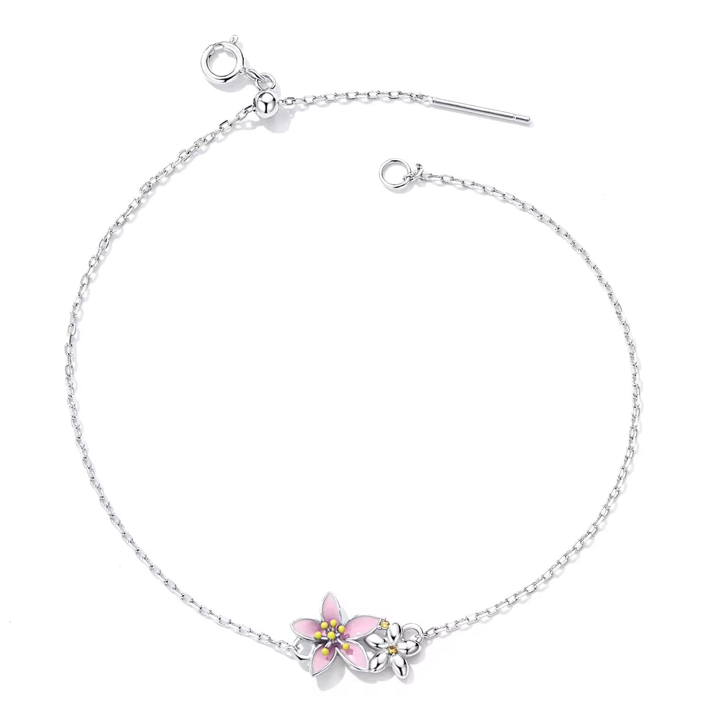 925 Sterling Silver Pink Sakura Cherry Blossom Flower Bracelet