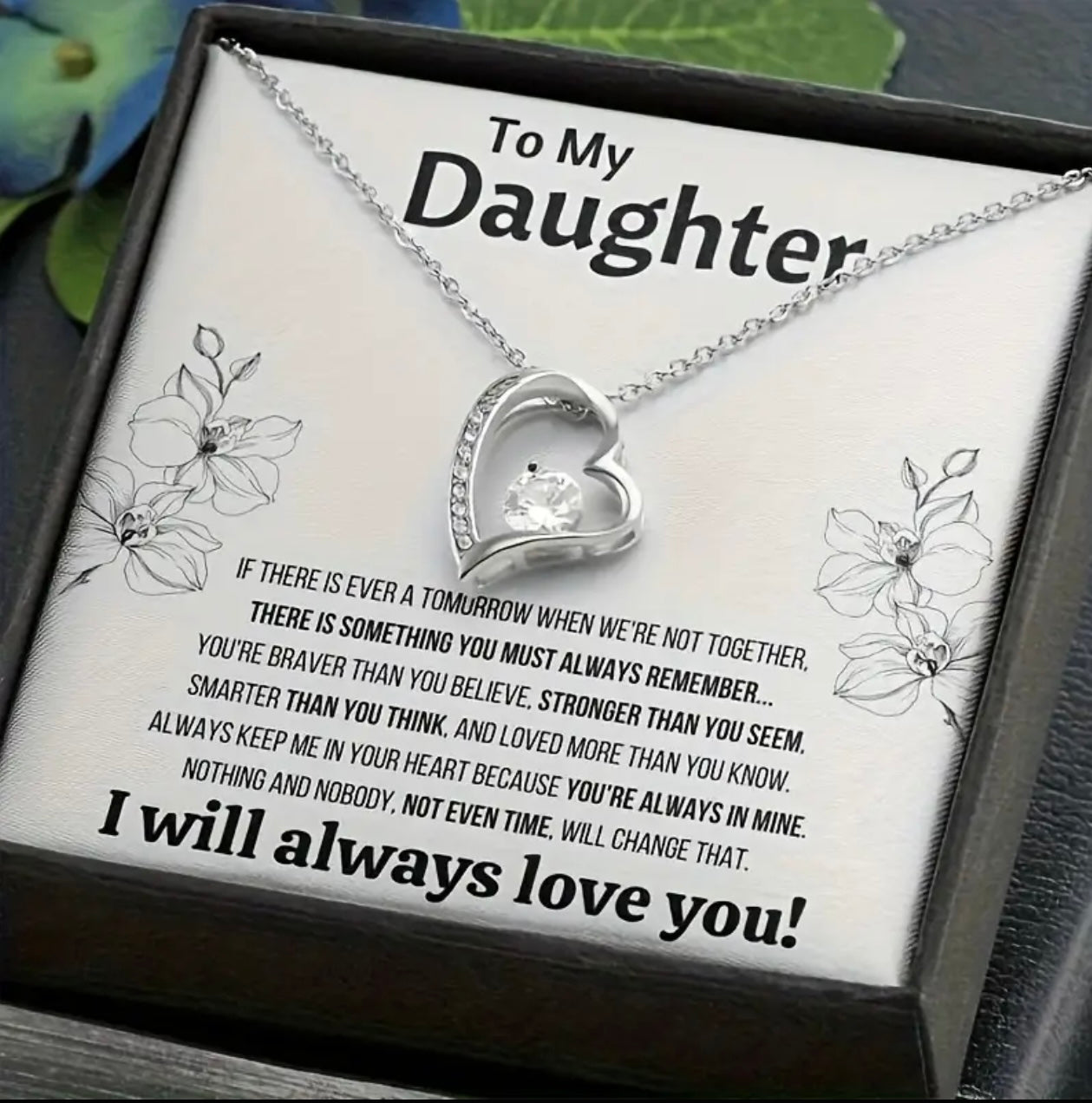 To My Daughter Silver Crystal Heart Pendant Necklace