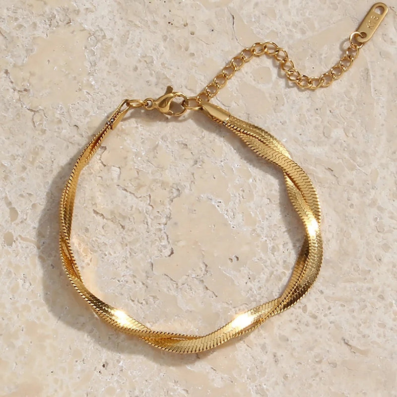 Gold Double Layer Woven Twisted Snake Chain Bracelet