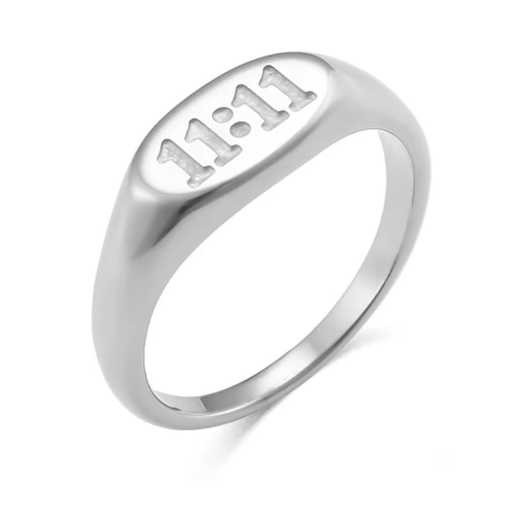Silver Angel Number Oval 11:11 Engraved Ring