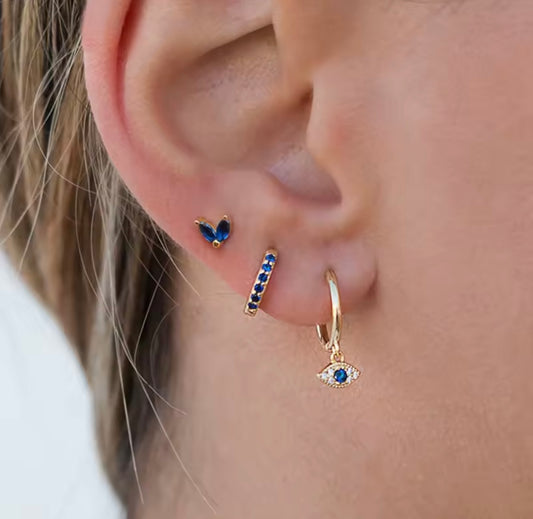 3pcs Stainless Steel Blue Zircon Evil Eye Hoop Earrings Set 18K Gold Plated Cartilage Earrings