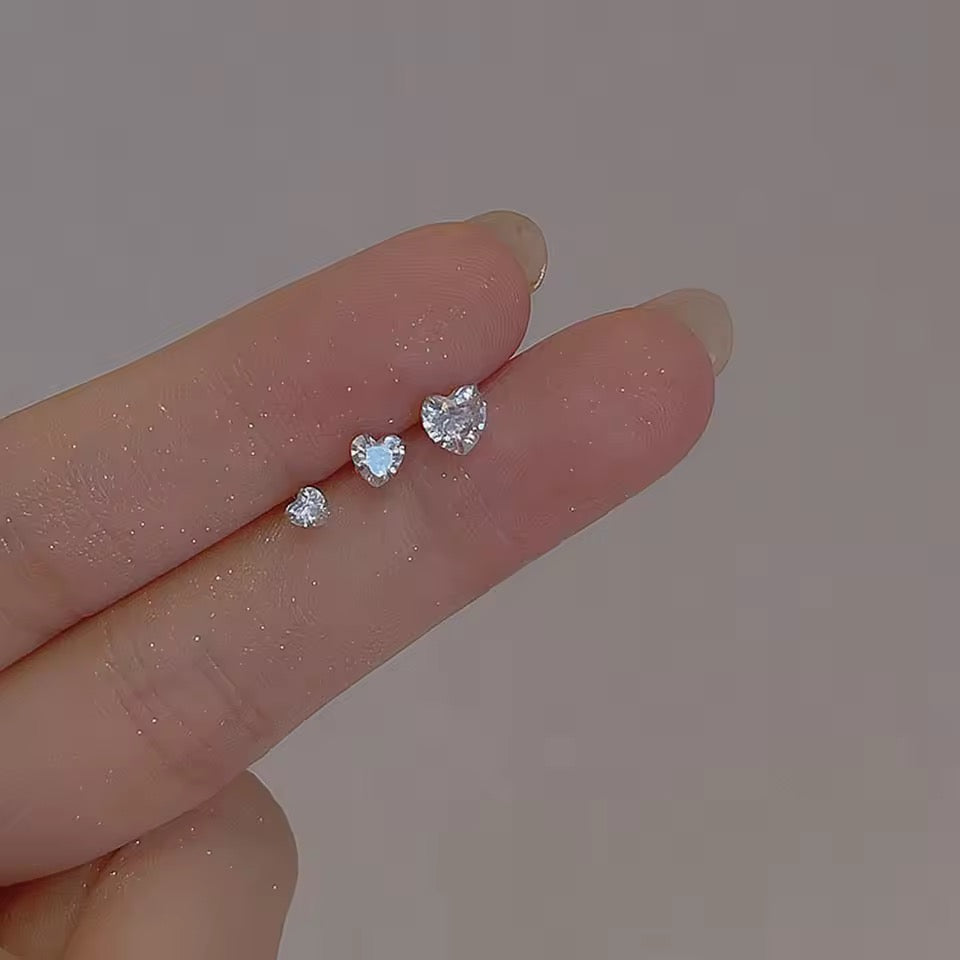 3 Pieces / Set 925 Sterling Silver Love Heart Zircon Ear Stud Earrings