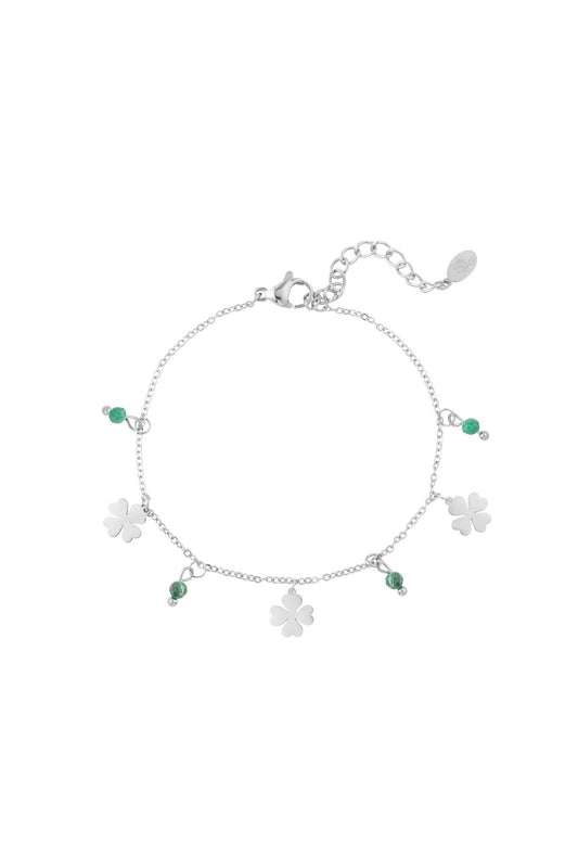 Silver Four-leaf Clover & Stones Bracelet