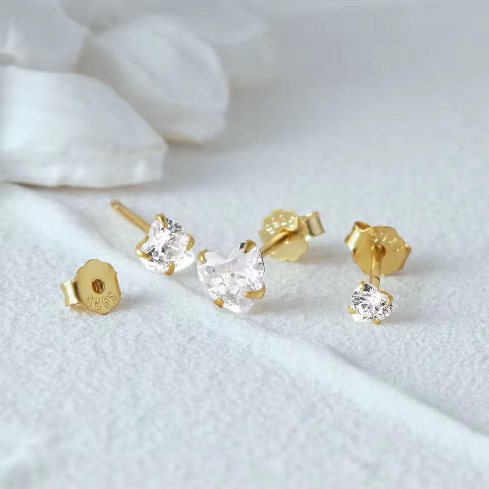 3 Pieces / Set 925 Sterling Silver Love Heart Zircon Ear Stud Earrings