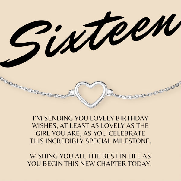 Sweet Sixteen (16th) Happy Birthday Sterling Silver Dainty Heart Gift Bracelet