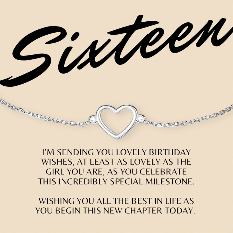 Sweet Sixteen (16th) Happy Birthday Sterling Silver Dainty Heart Gift Bracelet