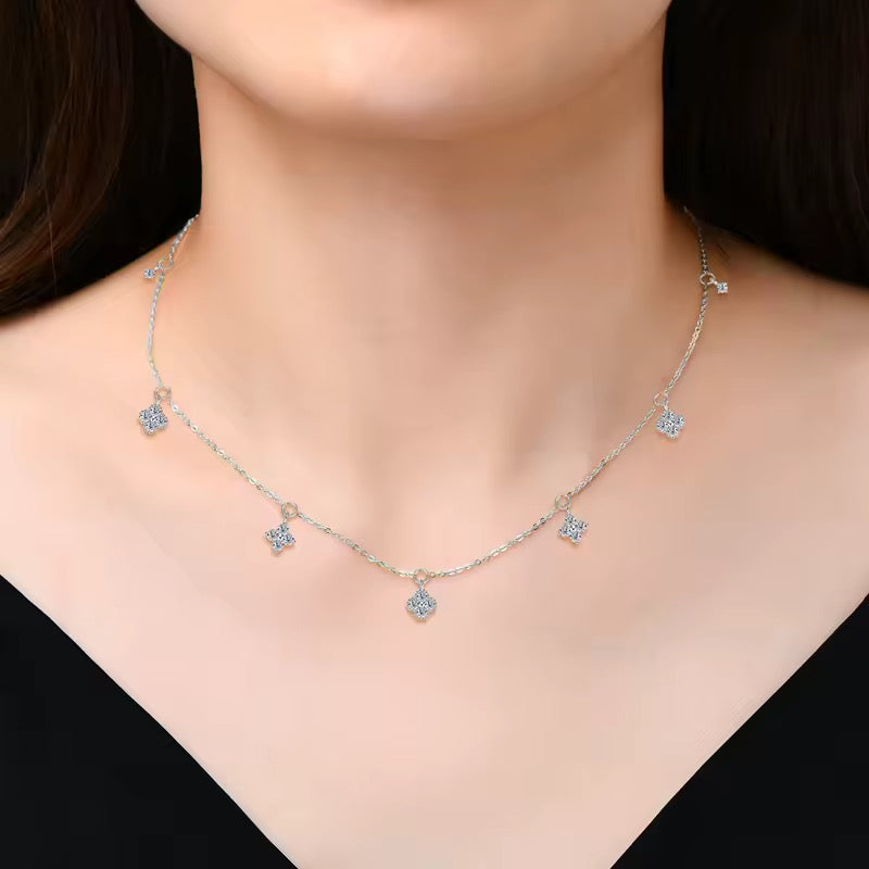 925 Sterling Silver Fine Four-leaf Flower Choker Womens Necklace