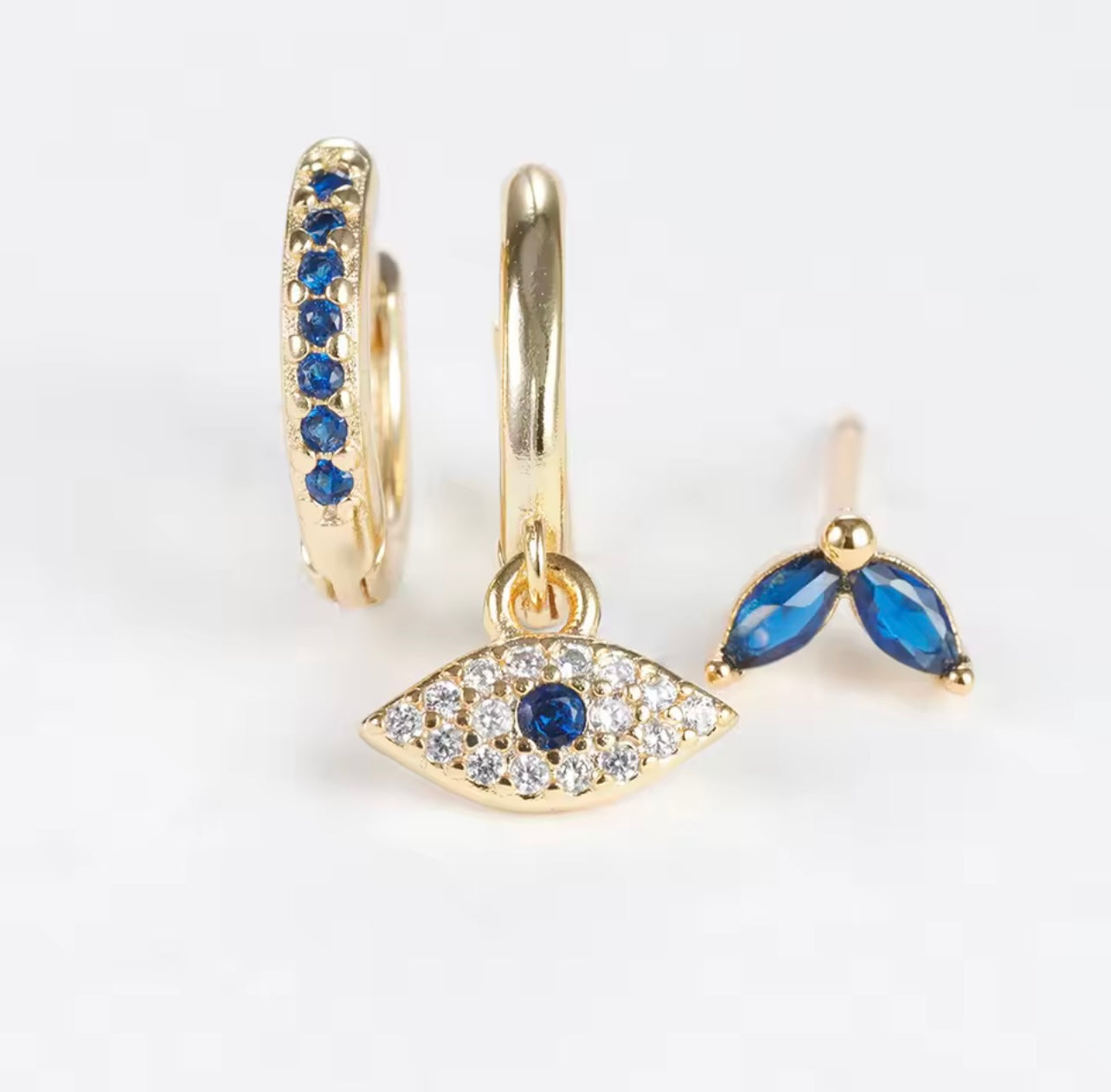 3pcs Stainless Steel Blue Zircon Evil Eye Hoop Earrings Set 18K Gold Plated Cartilage Earrings
