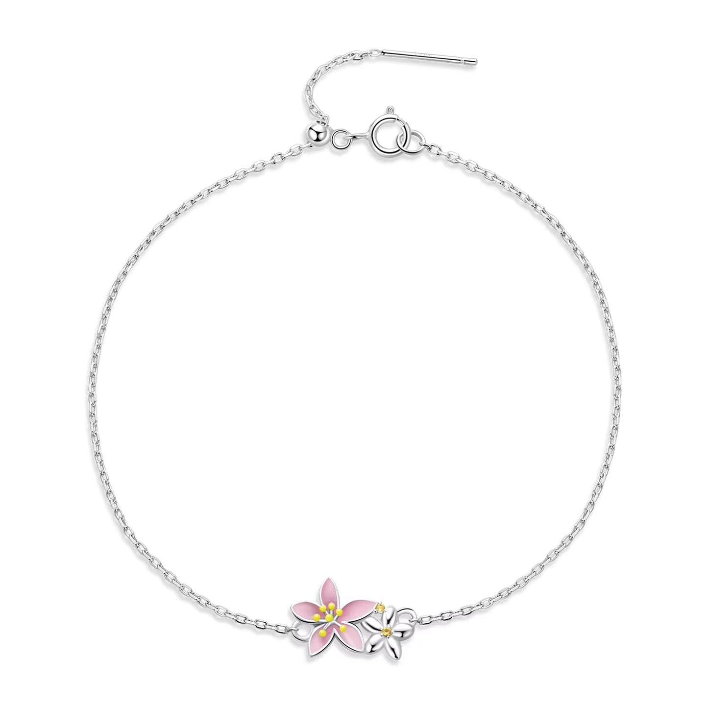 925 Sterling Silver Pink Sakura Cherry Blossom Flower Bracelet
