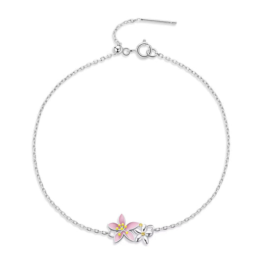 925 Sterling Silver Pink Sakura Cherry Blossom Flower Bracelet