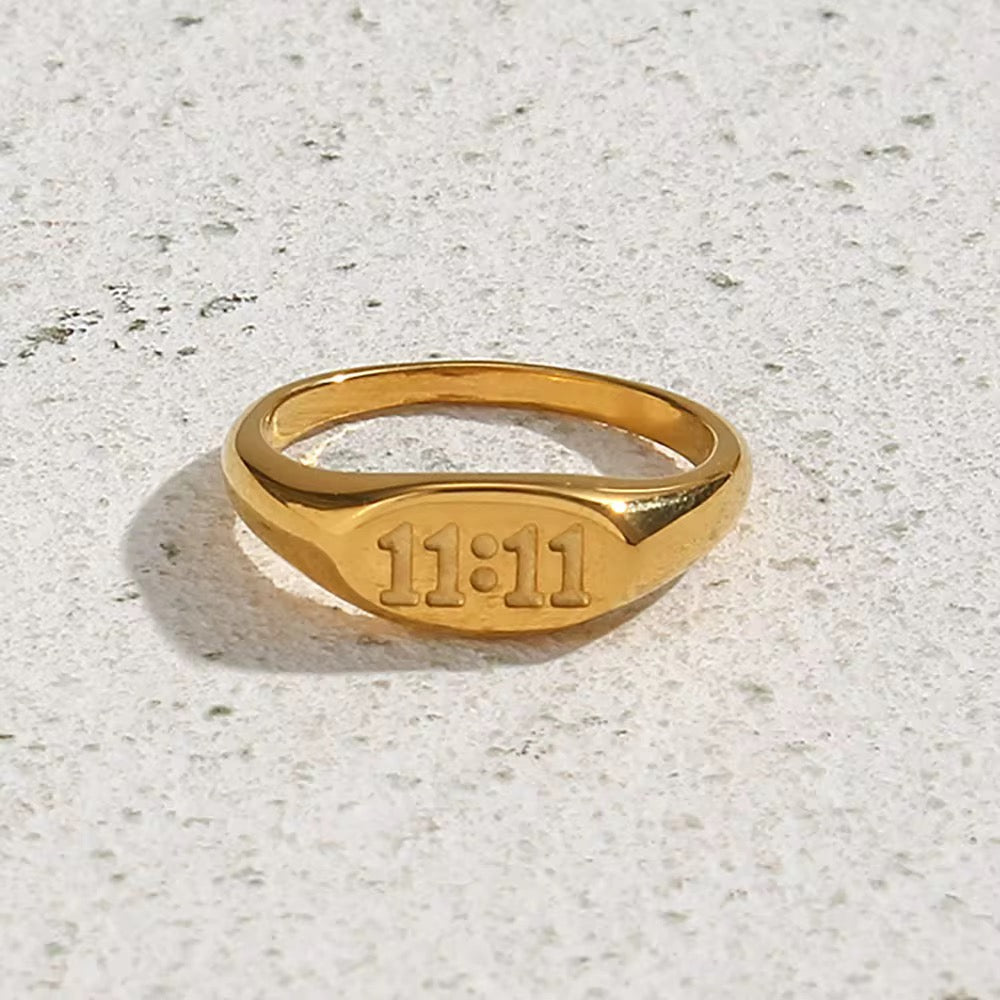 Gold Angel Number Oval 11:11 Engraved Ring
