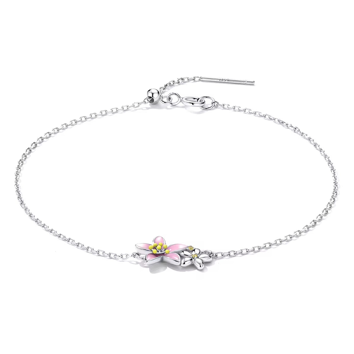 925 Sterling Silver Pink Sakura Cherry Blossom Flower Bracelet