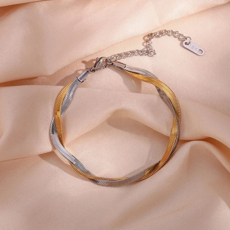 Silver Double Layer Woven Twisted Snake Chain Bracelet