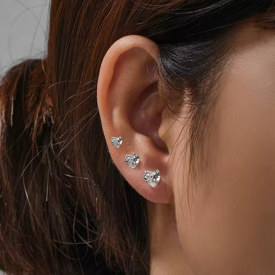 3 Pieces / Set 925 Sterling Silver Love Heart Zircon Ear Stud Earrings