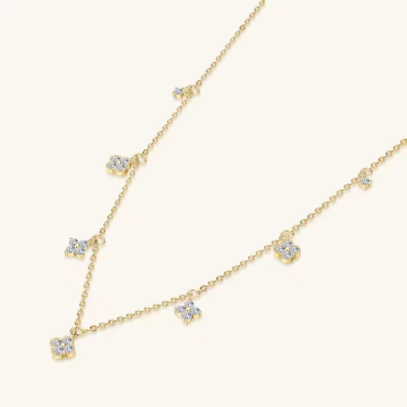 925 Sterling Silver Gold Fine Four-leaf Flower Choker Womens Necklace