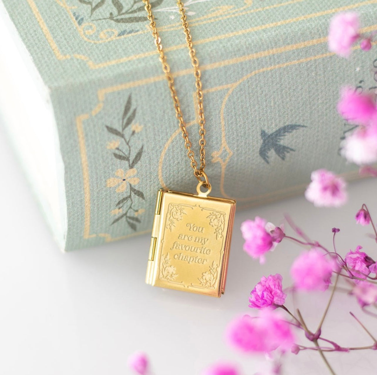 Gold Book Shaped Locket Necklace In Gift Box