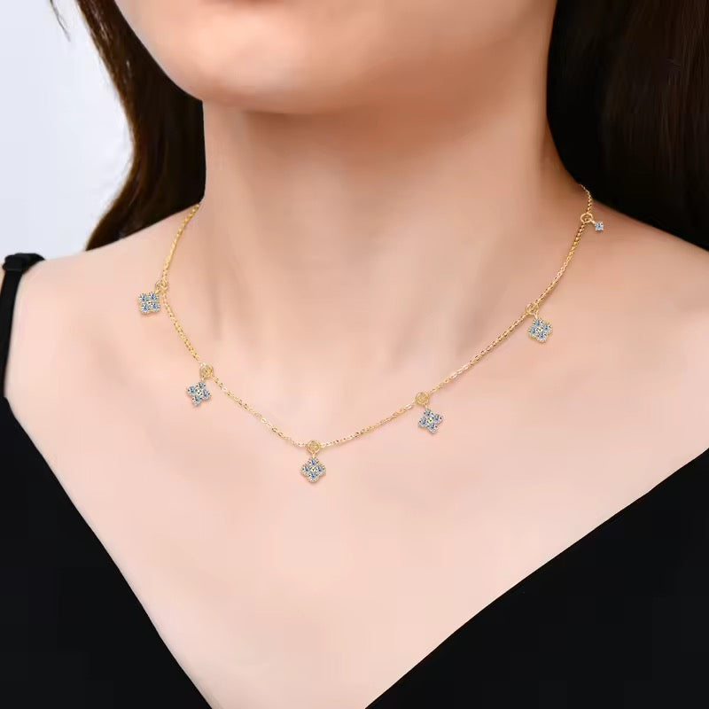 925 Sterling Silver Gold Fine Four-leaf Flower Choker Womens Necklace
