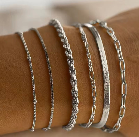 6Pcs Silver Multilayer Boho Bracelet Set