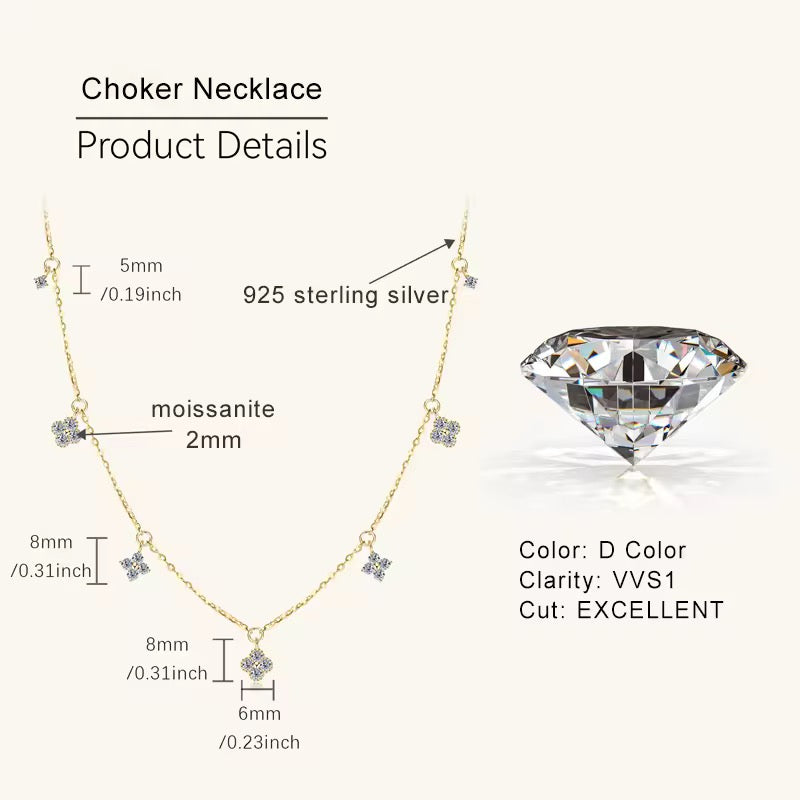 925 Sterling Silver Gold Fine Four-leaf Flower Choker Womens Necklace