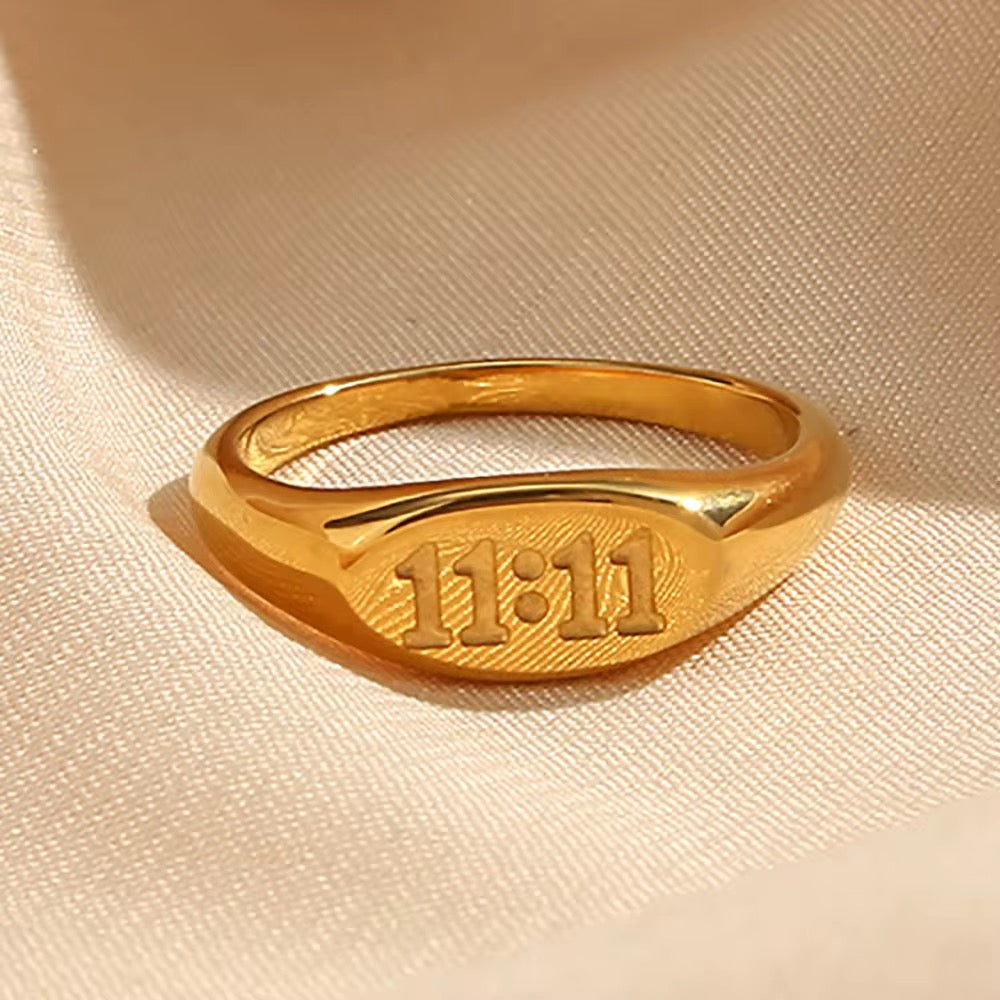 Gold Angel Number Oval 11:11 Engraved Ring