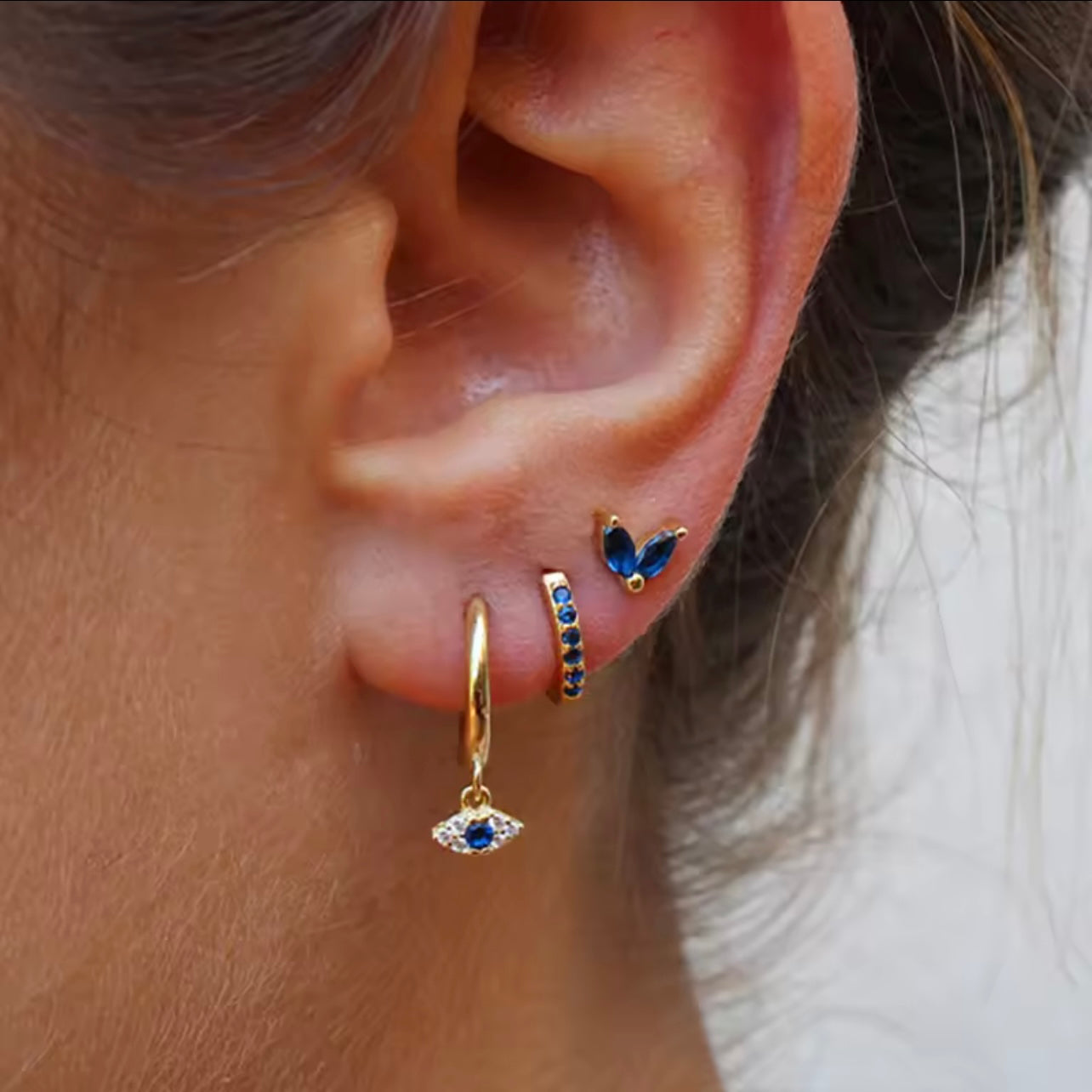 3pcs Stainless Steel Blue Zircon Evil Eye Hoop Earrings Set 18K Gold Plated Cartilage Earrings