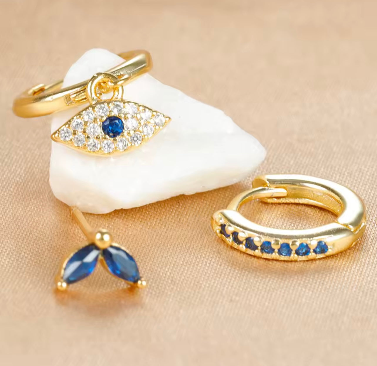 3pcs Stainless Steel Blue Zircon Evil Eye Hoop Earrings Set 18K Gold Plated Cartilage Earrings