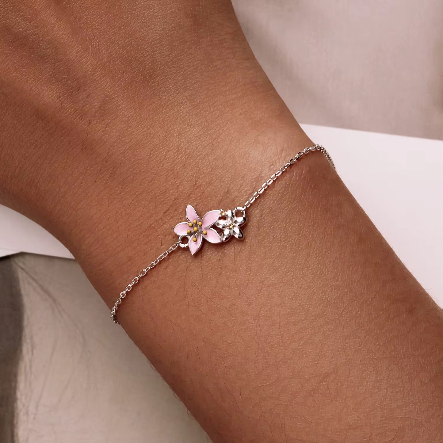 925 Sterling Silver Pink Sakura Cherry Blossom Flower Bracelet