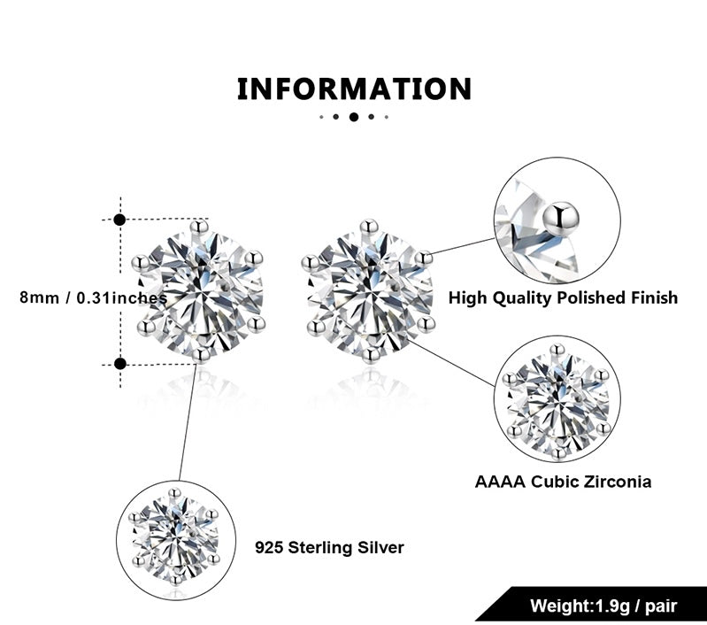925 Sterling Silver Round Zircon Diamond Ear Stud Earrings