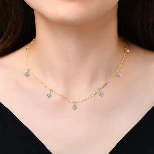 925 Sterling Silver Gold Fine Four-leaf Flower Choker Womens Necklace