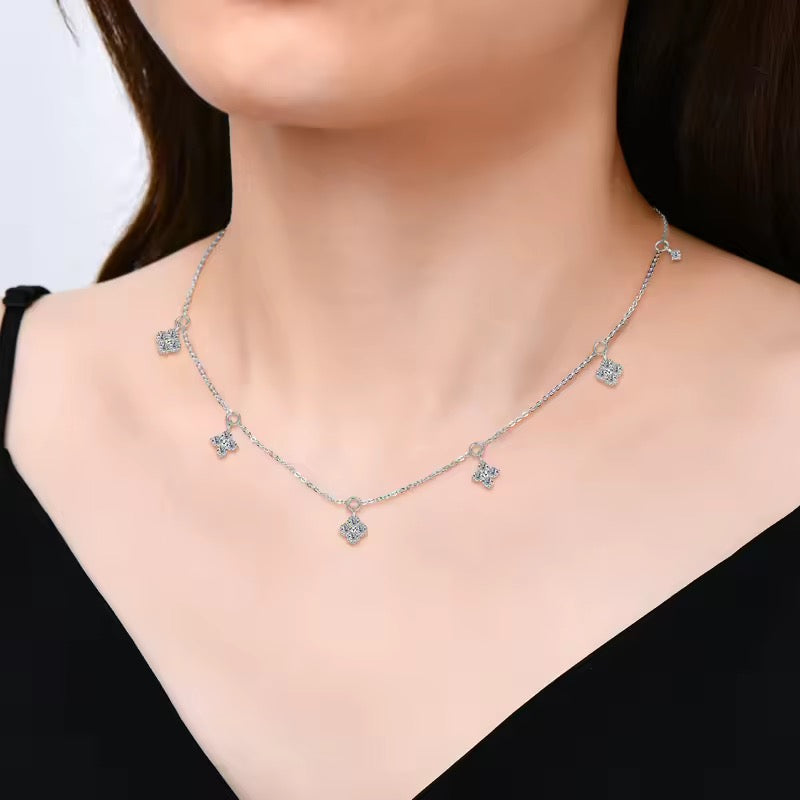 925 Sterling Silver Fine Four-leaf Flower Choker Womens Necklace
