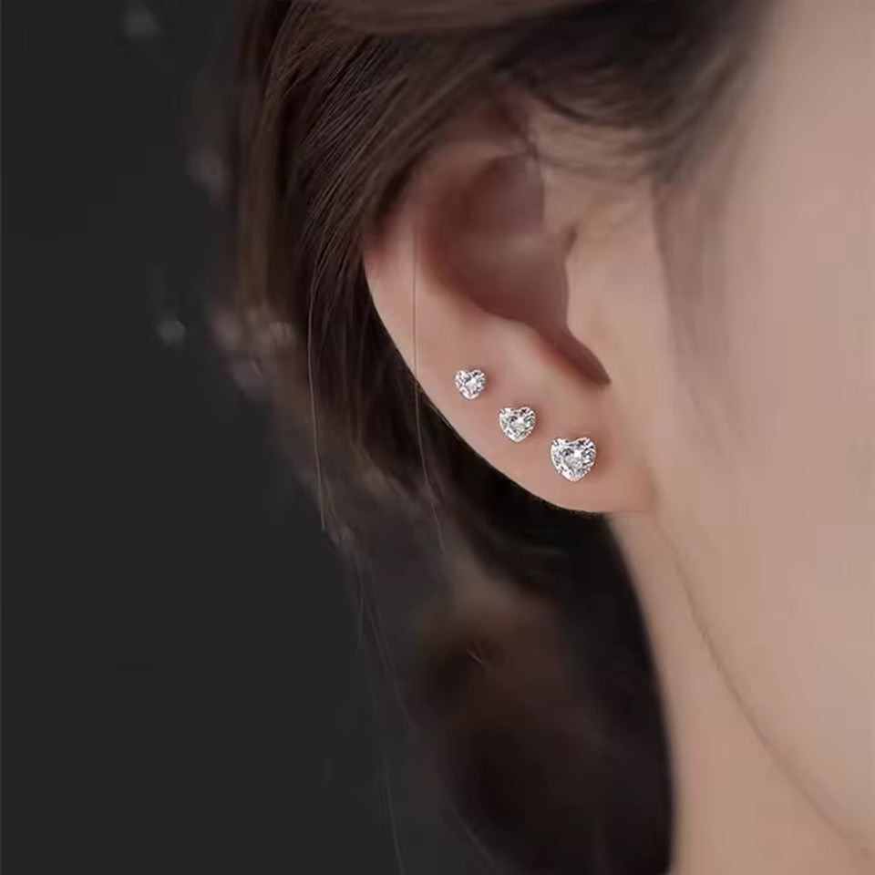 3 Pieces / Set 925 Sterling Silver Love Heart Zircon Ear Stud Earrings