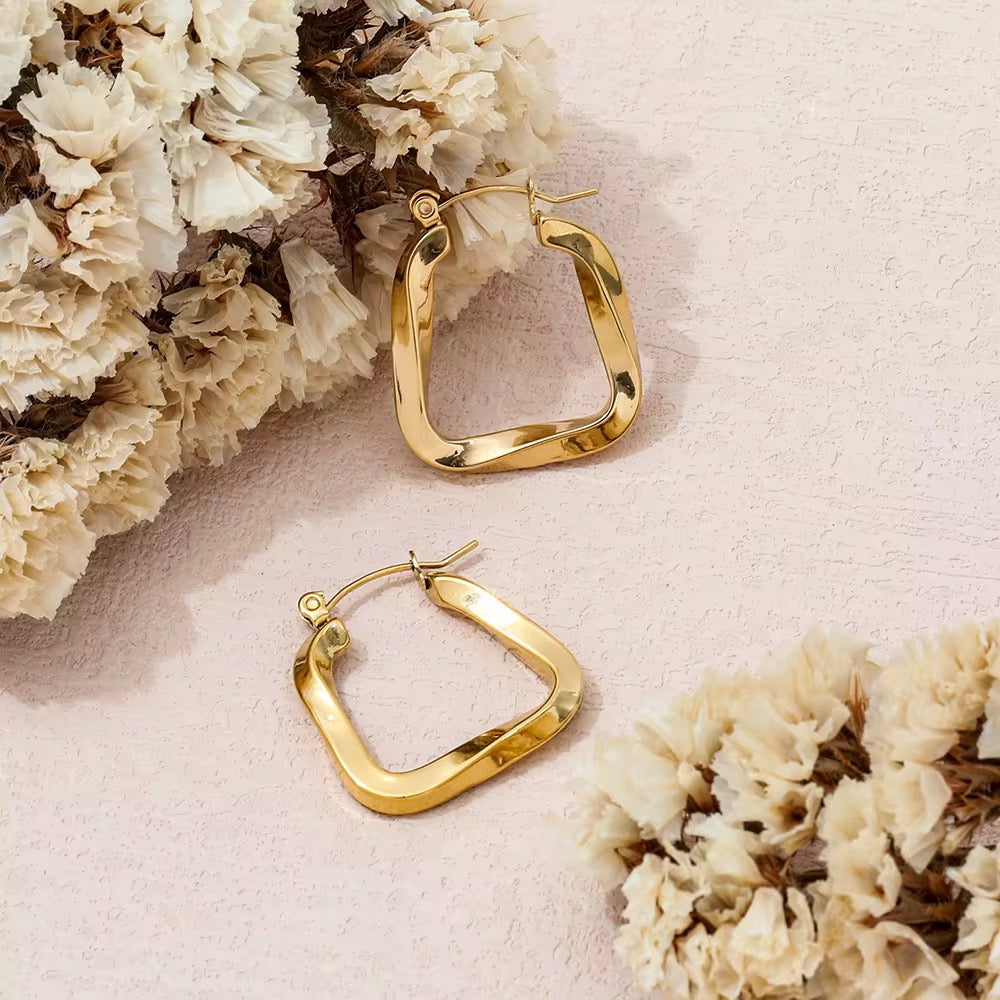 Bold Twisted Square Gold Hoop Modern Statement Jewellery Earrings