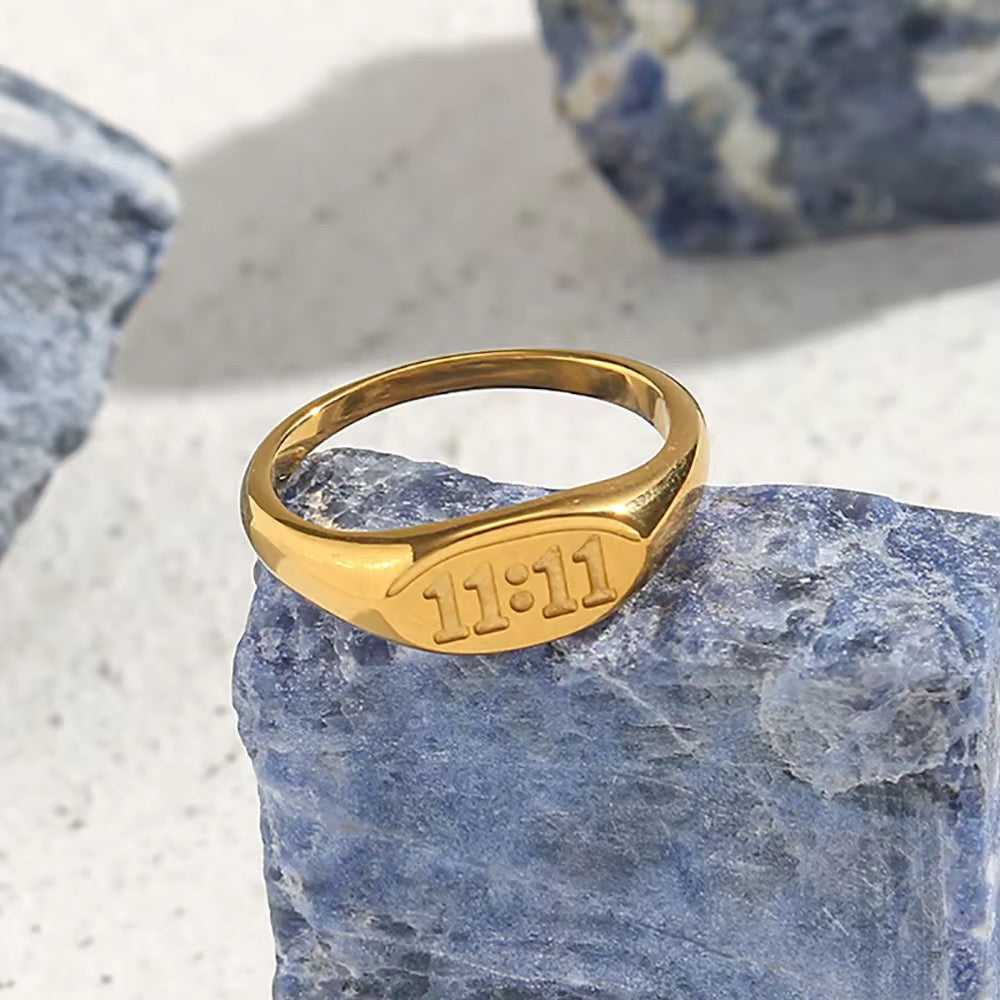 Gold Angel Number Oval 11:11 Engraved Ring