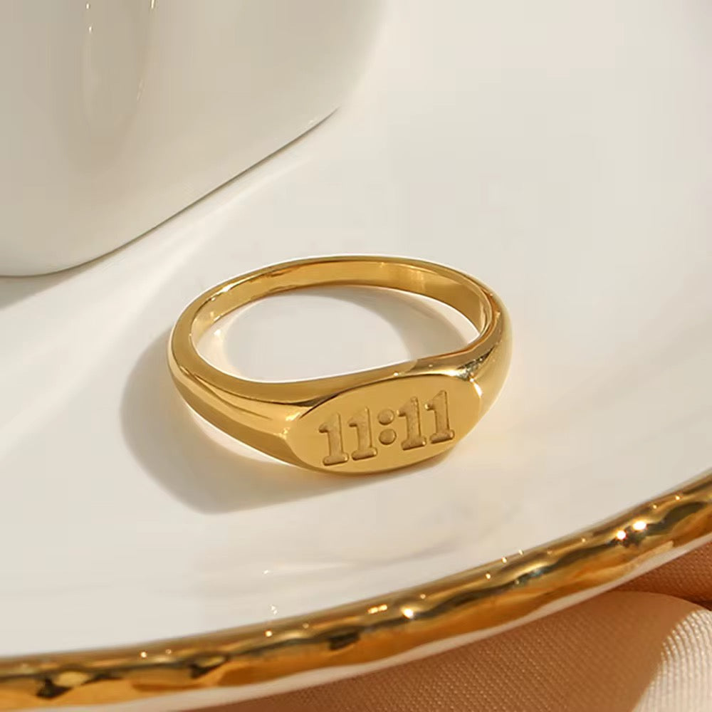 Gold Angel Number Oval 11:11 Engraved Ring