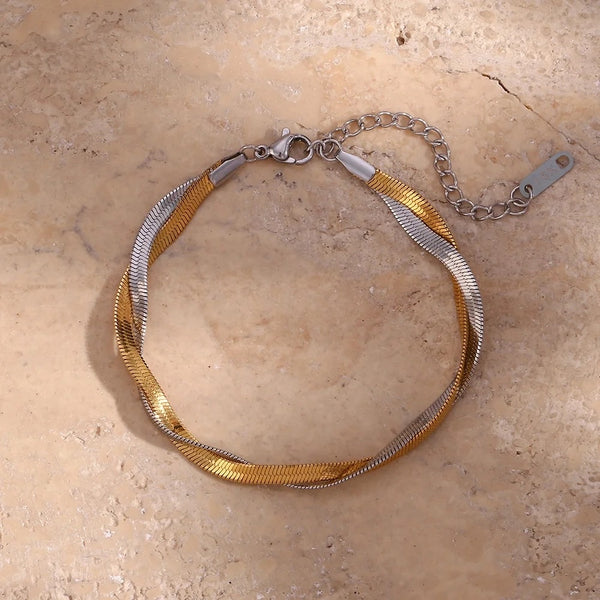 Gold and Silver Double Layer Woven Twisted Snake Chain Bracelet