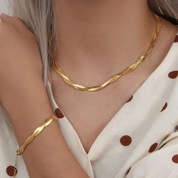 Gold Double Layer Woven Twisted Snake Chain Bracelet