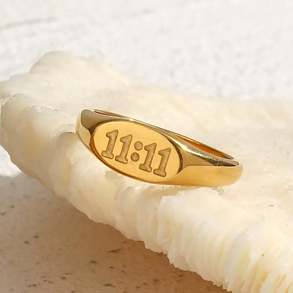 Gold Angel Number Oval 11:11 Engraved Ring