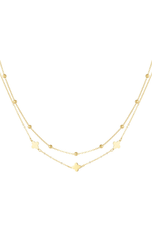 Gold Double Layer Beaded Clover Necklace