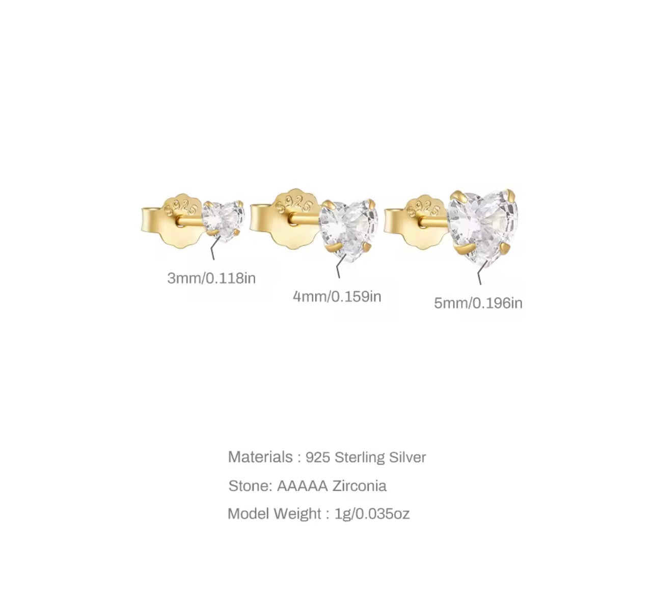 3 Pieces / Set 925 Sterling Silver Love Heart Zircon Ear Stud Earrings